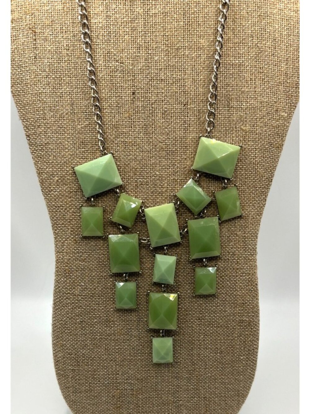 Green plastic Gemstone Statement Necklace Geometric Square Pendants 16" L